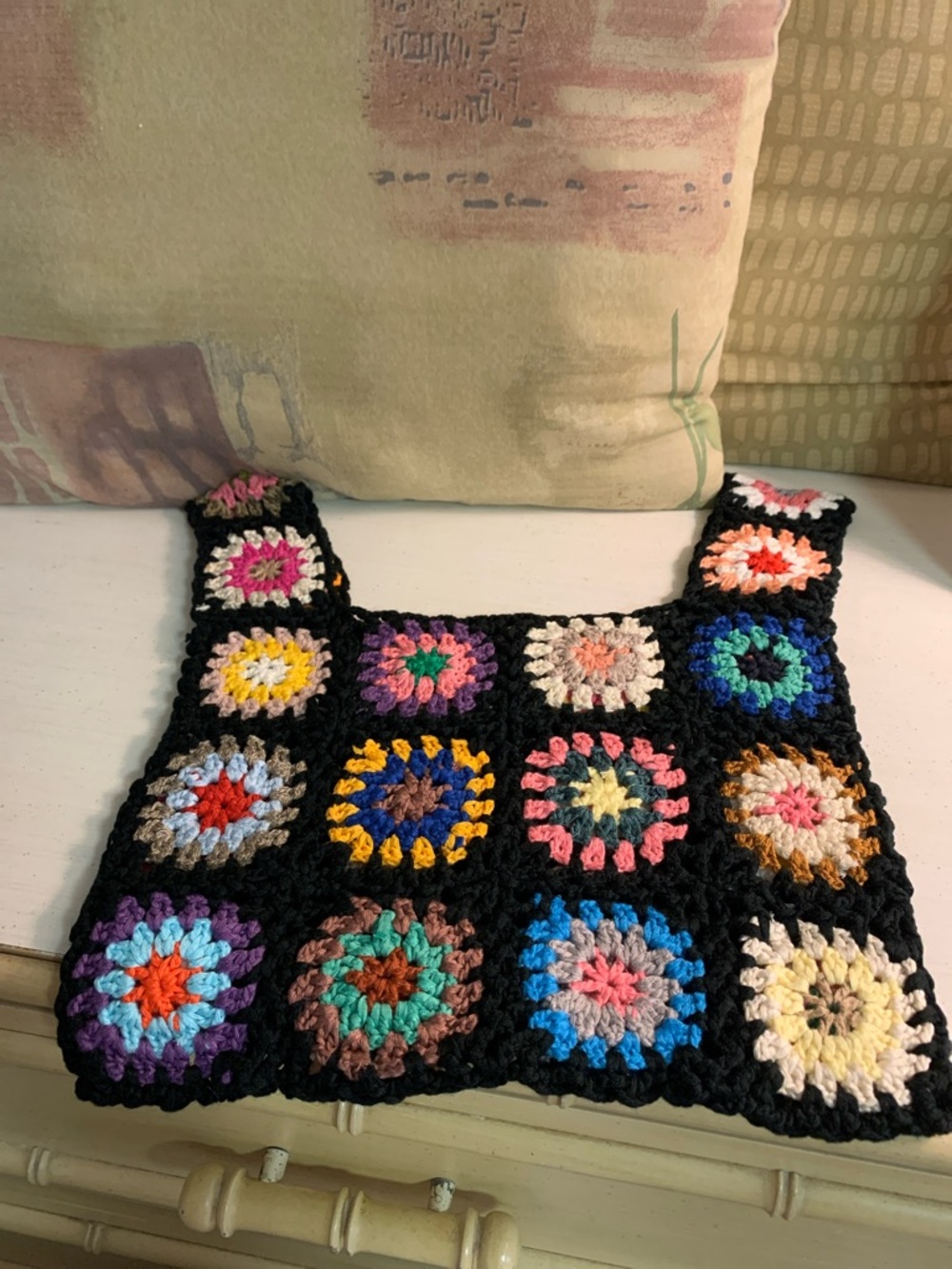 Handmade Crochet Granny Square Bag in Black with Multicolor Squares